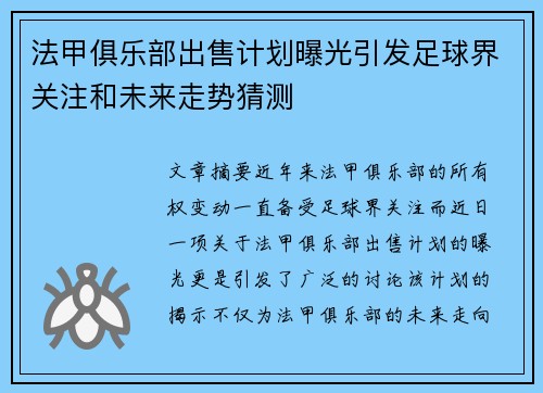 法甲俱乐部出售计划曝光引发足球界关注和未来走势猜测